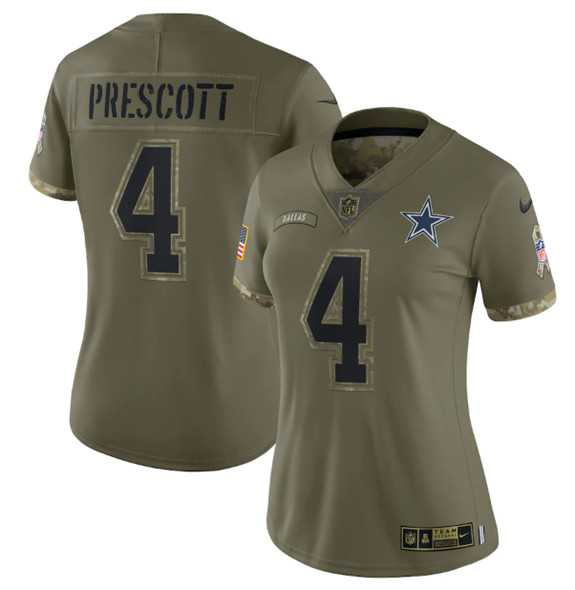 Womens Dallas Cowboys #4 Dak Prescott 2022 Olive Salute To Service Limited Stitched Jersey(Run Small) Dyin